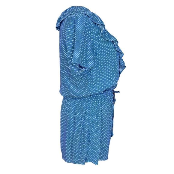 Wild Honey Blue Micro Polka Dot Wrap Front Ruffle Romper M - Picture 2 of 6